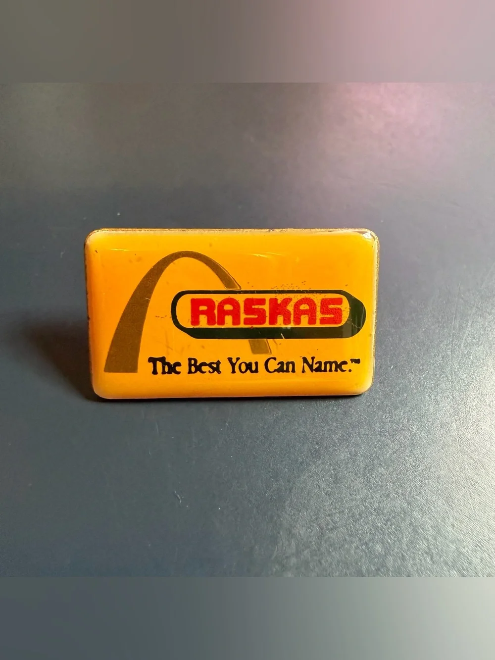 Raskas Yellow Vintage Logo Pin Union Made USA, Collectible